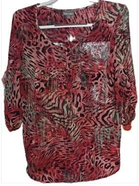 Roz & Ali 3/4 Sleeve Animal Print Blouse, 1X